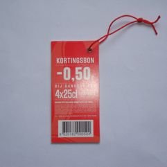 Bedrukte labels of hangtags met elastiek in karton of kunststof